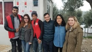 CIPA fellows with refugees and Red Cross volunteers in Moria camp during the weekly afternoon activities. Left to right: Ali, Amal Aun, Qassem, Daniel De La Hormaza, Ranissa Adityavarman, and Molly Warrington.